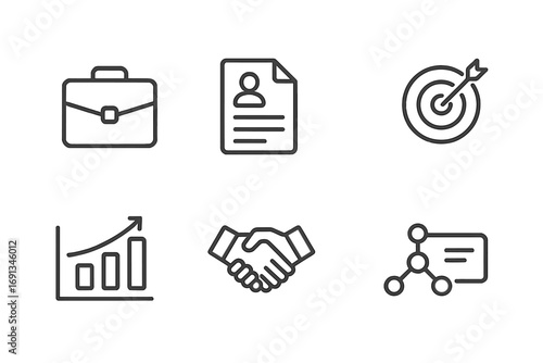 Career Guidance Icons. Outline icon set of career guidance: briefcase, resume, interview, target, graph, handshake, network,