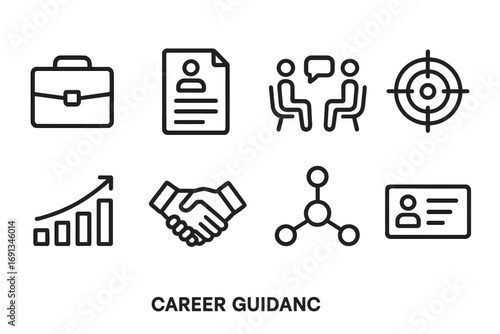 Career Guidance Icons. Outline icon set of career guidance: briefcase, resume, interview, target, graph, handshake, network,