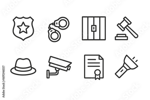 Cartel Law Icon Set. Outline icon set of cartel law enforcement: police badge, handcuffs, jail cell, gavel, detective hat, spy