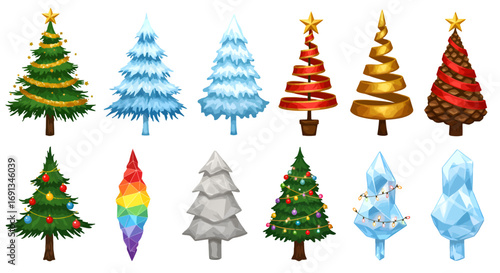 Collection of stylized Christmas trees in various designs, showcasing festive and whimsical decorations.