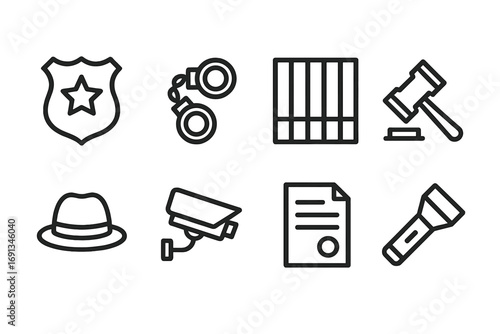 Cartel Law Icon Set. Outline icon set of cartel law enforcement: police badge, handcuffs, jail cell, gavel, detective hat, spy