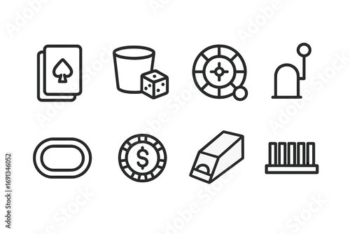 Casino Equipment Icons. Outline icon set of casino equipment: card deck, dice cup, roulette ball, slot lever, poker table, dealer