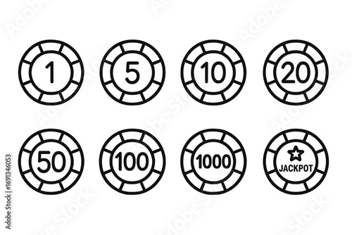 Casino Chip Icons. Outline icon set of chip denominations: one chip, five chip, ten chip, twenty chip, fifty chip, hundred chip,