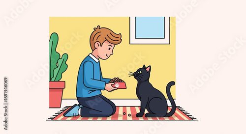 A kind young boy kneels on a rug to feed his black cat.