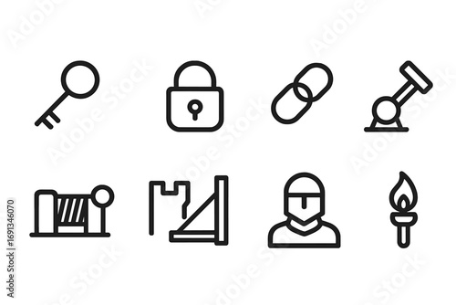 Castle Gate Icon Set. Outline icon set of castle gate functions: key, lock, chain, lever, winch, drawbridge rope, guard, torch.