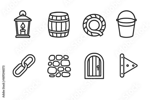 Castle Gate Icon Set. Outline icon set of castle gate everyday items: lantern, wooden barrel, rope coil, metal bucket, chain link,