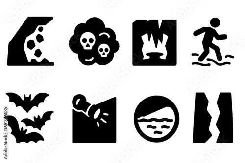 Cave Danger Icons. Solid, filled icon set of cave dangers: falling rocks, poisonous gas, deep pit, slippery floor, bats swarm,