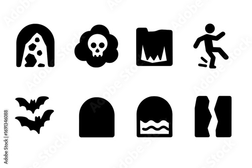 Cave Danger Icons. Solid, filled icon set of cave dangers: falling rocks, poisonous gas, deep pit, slippery floor, bats swarm,