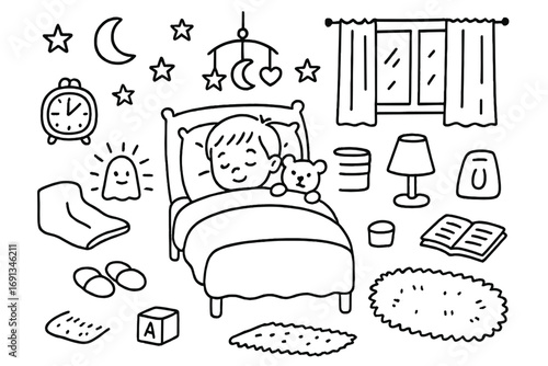 Child's Nighttime Comfort. Hand-drawn doodle illustration Nighttime comfort for child with nightlight child tucked in bed,
