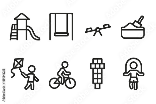 Children's Play Icon Set. Outline icon set of children’s outdoor play: playground slide, swing, seesaw, sandbox, kite flying, bike