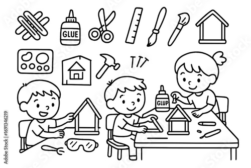 Children's Craft Workshop. Hand-drawn doodle illustration Children crafting with popsicle sticks popsicle sticks, glue bottle,