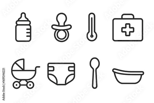 Children Care Icons. Outline icon set of children health and care: baby bottle, pacifier, thermometer, first aid kit, baby