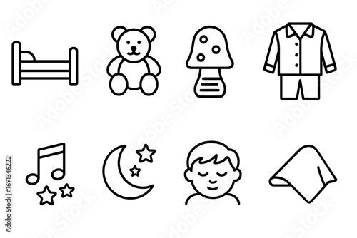 Children's Sleep Icons. Outline icon set of children sleep and rest: bed, teddy bear, nightlight, pajamas, lullaby music, moon and