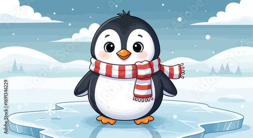 Adorable cartoon baby penguin wearing a cozy winter scarf.