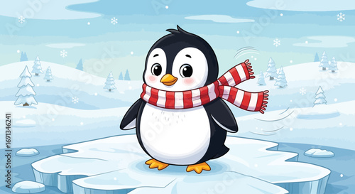 Adorable cartoon baby penguin wearing a striped winter scarf.