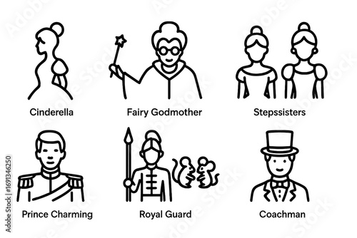 Cinderella Icon Set. Outline icon set of Cinderella characters: Cinderella silhouette, fairy godmother, wicked stepmother,