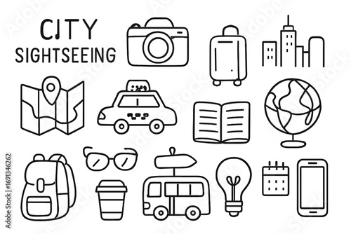 City Adventure Icons. Hand-drawn doodle illustration City sightseeing party camera, city skyline, map, taxi, suitcase, sunglasses,