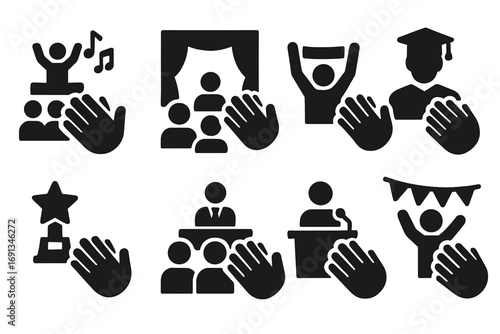 Clapping Icons Collection. Solid, filled icon set of clapping scenarios: concert, theater, sports event, graduation, award