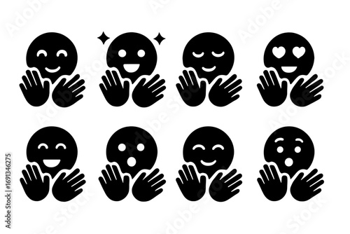 Clapping Emotions Icons. Solid, filled icon set of clapping emotions: happiness, excitement, pride, admiration, enthusiasm,