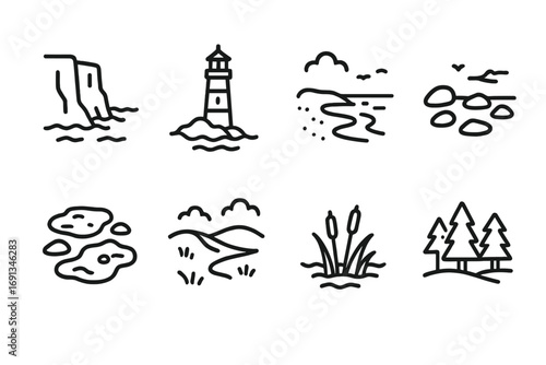 Coastal Terrain Icons. Outline icon set of coastal terrain and natural features: cliffs, lighthouse, sandy beach, rocks, tidal