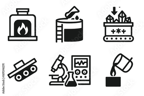 Cobalt Refining Icons. Solid, filled icon set of cobalt refining process: furnace, chemical vat, filtration system,