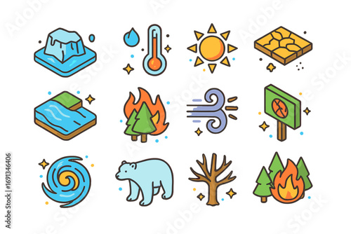 Climate Change Icons. Colorful isometric vector icons set of climate change from deforestation: melting ice cap, thermometer, sun