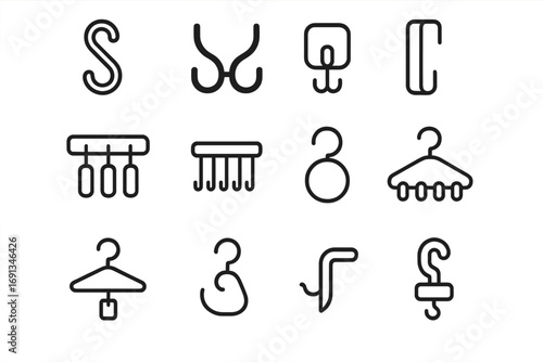 Closet Hook Icon Set. Outline icon set of Closet hooks and hangers for accessories: S-hook, double hook, adhesive hook,