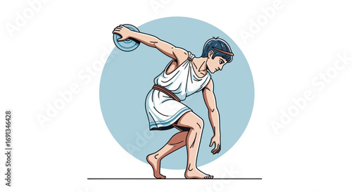 Ancient Greek athlete in a white tunic throwing a discus.