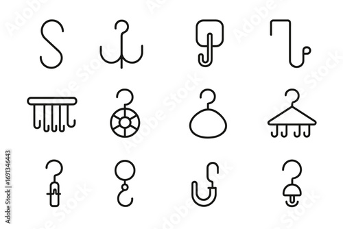 Closet Hook Icon Set. Outline icon set of Closet hooks and hangers for accessories: S-hook, double hook, adhesive hook,