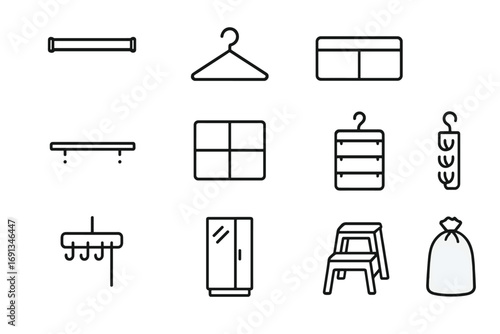 Closet Organization Icons. Outline icon set of closet and wardrobe planning: closet rod, hanger, multi-tier hanger, drawer divider