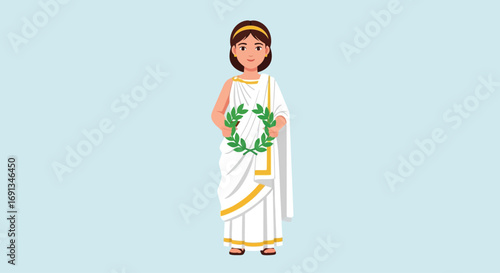 Ancient Greek woman in a white toga holding a laurel wreath.
