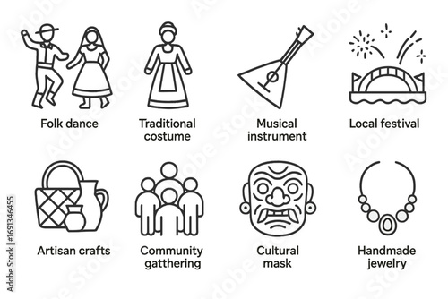 Outline Icon Collection. Outline icon set of local culture: folk dance, traditional costume, musical instrument, local festival,