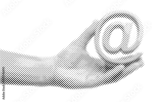 Illustration of a hand offering an @ symbol created with square pixels on a white background