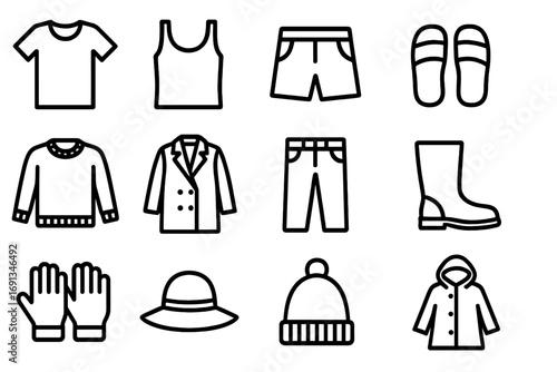 Wallpaper Mural Clothing Icons Grid. Outline icon set of clothing for thermal comfort: T-shirt, tank top, shorts, sandals, sweater, coat, jeans, Torontodigital.ca