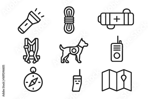 Search and Rescue Icons. Outline icon set of search and rescue: flashlight, rope, stretcher, safety harness,