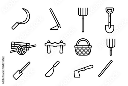 Traditional Tools Icons. Outline icon set of traditional tools: sickle, hoe, rake, spade, wooden cart, yoke,