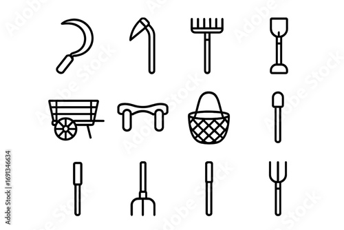 Traditional Tools Icons. Outline icon set of traditional tools: sickle, hoe, rake, spade, wooden cart, yoke,