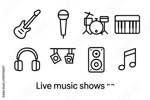Live Music Icons. Outline icon set of live music shows: electric guitar, microphone, drum set, keyboard,