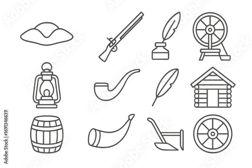 Colonial Icon Set. Outline icon set of colonial reenactments: tricorn hat, musket, quill inkpot, spinning wheel, lantern, pipe,