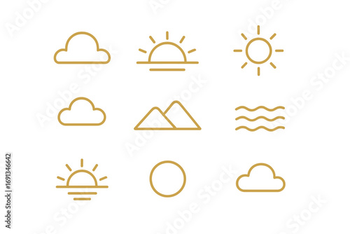 Golden Hour Icons. Outline icon set of golden hour lighting: setting sun, glowing horizon, soft rays,