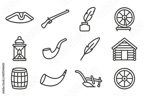 Colonial Icon Set. Outline icon set of colonial reenactments: tricorn hat, musket, quill inkpot, spinning wheel, lantern, pipe,