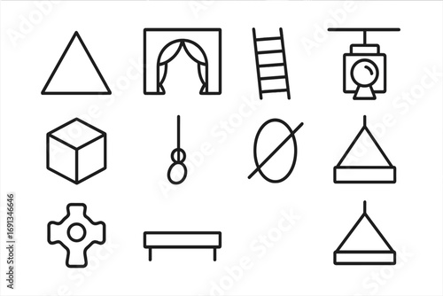 Avant-Garde Stage Icons. Outline icon set of avant-garde stage design: geometric shape, curtain arch, ladder,