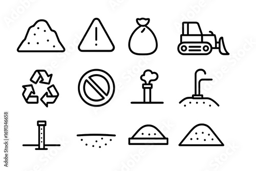 Landfill Reduction Icons. Outline icon set of landfill reduction: landfill hill, warning sign, garbage bag,