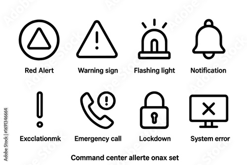Command Center Alerts. Outline icon set of command center alerts: red alert, warning sign, flashing light, notification bell,