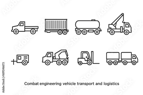 Combat Vehicle Icons. Outline icon set of combat engineering vehicle transport and logistics: flatbed truck, cargo container, fuel