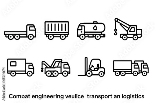 Combat Vehicle Icons. Outline icon set of combat engineering vehicle transport and logistics: flatbed truck, cargo container, fuel