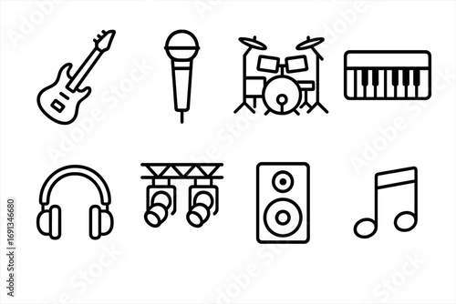 Live Music Icons. Outline icon set of live music shows: electric guitar, microphone, drum set, keyboard,
