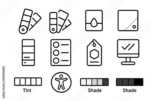 Color Palette Icons. Outline icon set of color palette and accessibility: primary color swatch, secondary swatch, accent swatch,