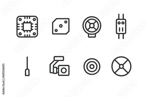 Command Drone Icon Set. Outline icon set of command drone components: flight controller, IMU sensor, motor, ESC (electronic speed