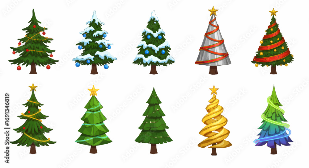 Obraz premium Collection of stylized Christmas trees with various decorations and designs.